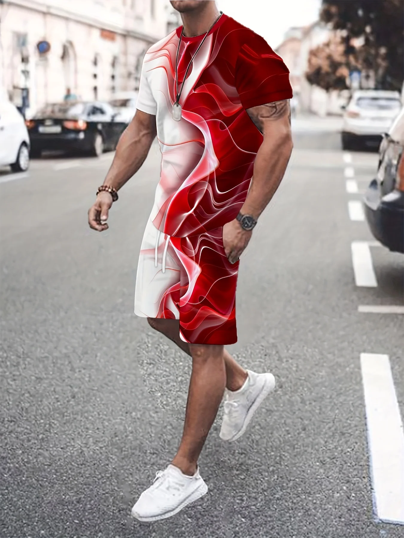 

2025 Летний шикарный мужской повседневный спортивный костюм, футболка с круглым вырезом и шорты, футболка с 3D-принтом