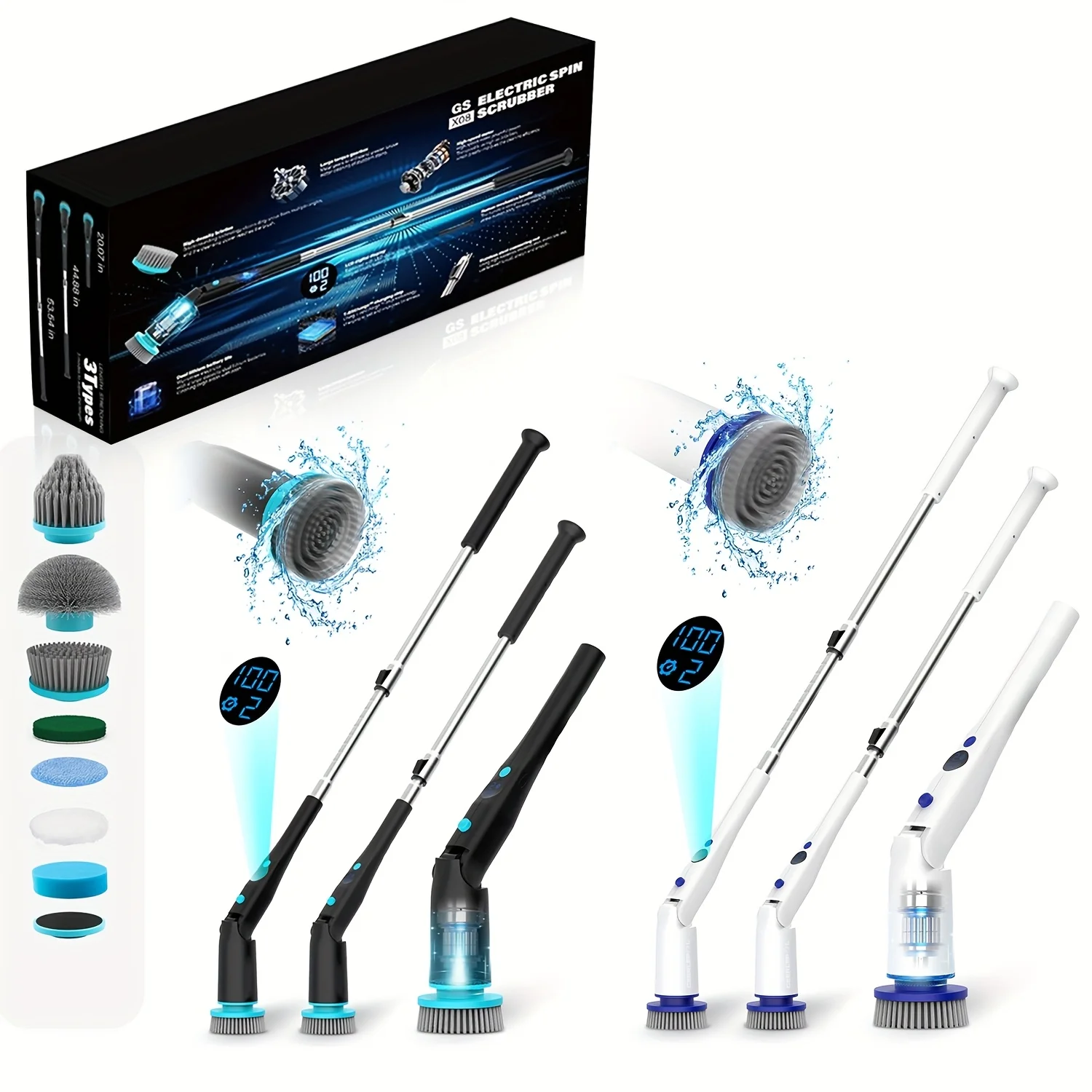 

Cordless Electric Spin Scrubber Set With Adjustable Long Handle 2-Speed, Includes Multiple Brush Heads For Bathroom, Tub, Tile &