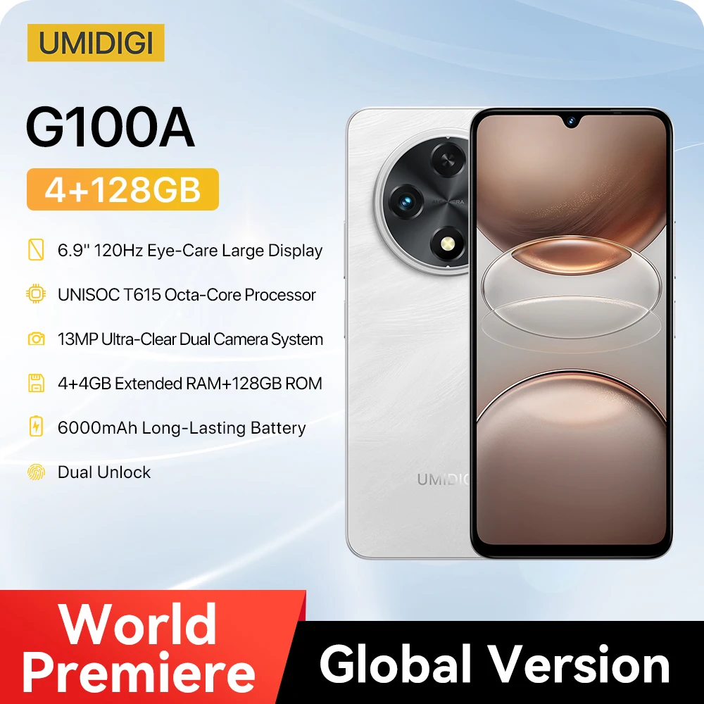 UMIDIGI G100A Android 14 Восьмиядерный 6,9 дюйма 120 Гц HD + 13 МП 4 ГБ 128 ГБ 6000 мАч Аккумулятор BT5.2 GPS FM Мобильный телефон с двумя SIM-картами