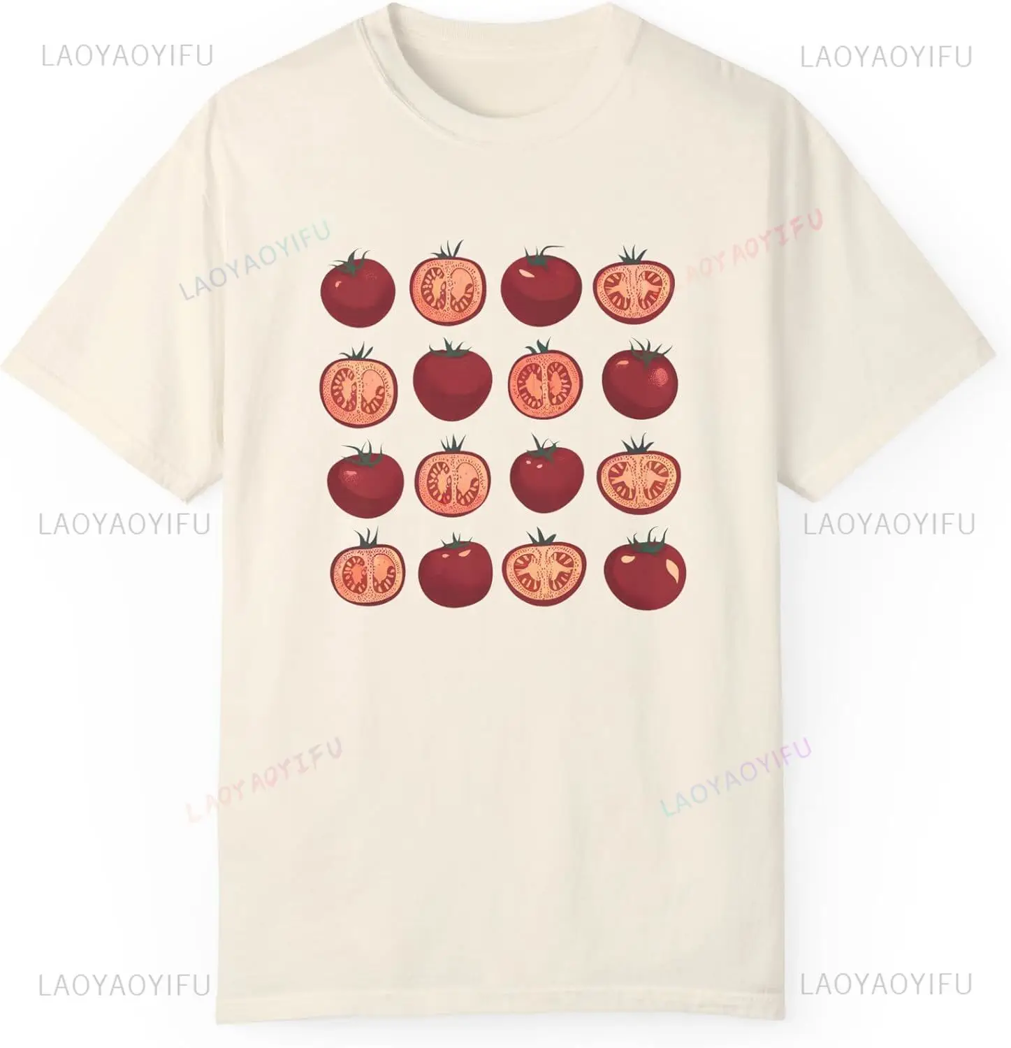 Tomato Pattern Grid Unisex Garment-Dyed T-Shirt Cute Garden Foodie Tee Fruit Vegetable for Vegan Farmers Market Cotton Clothes