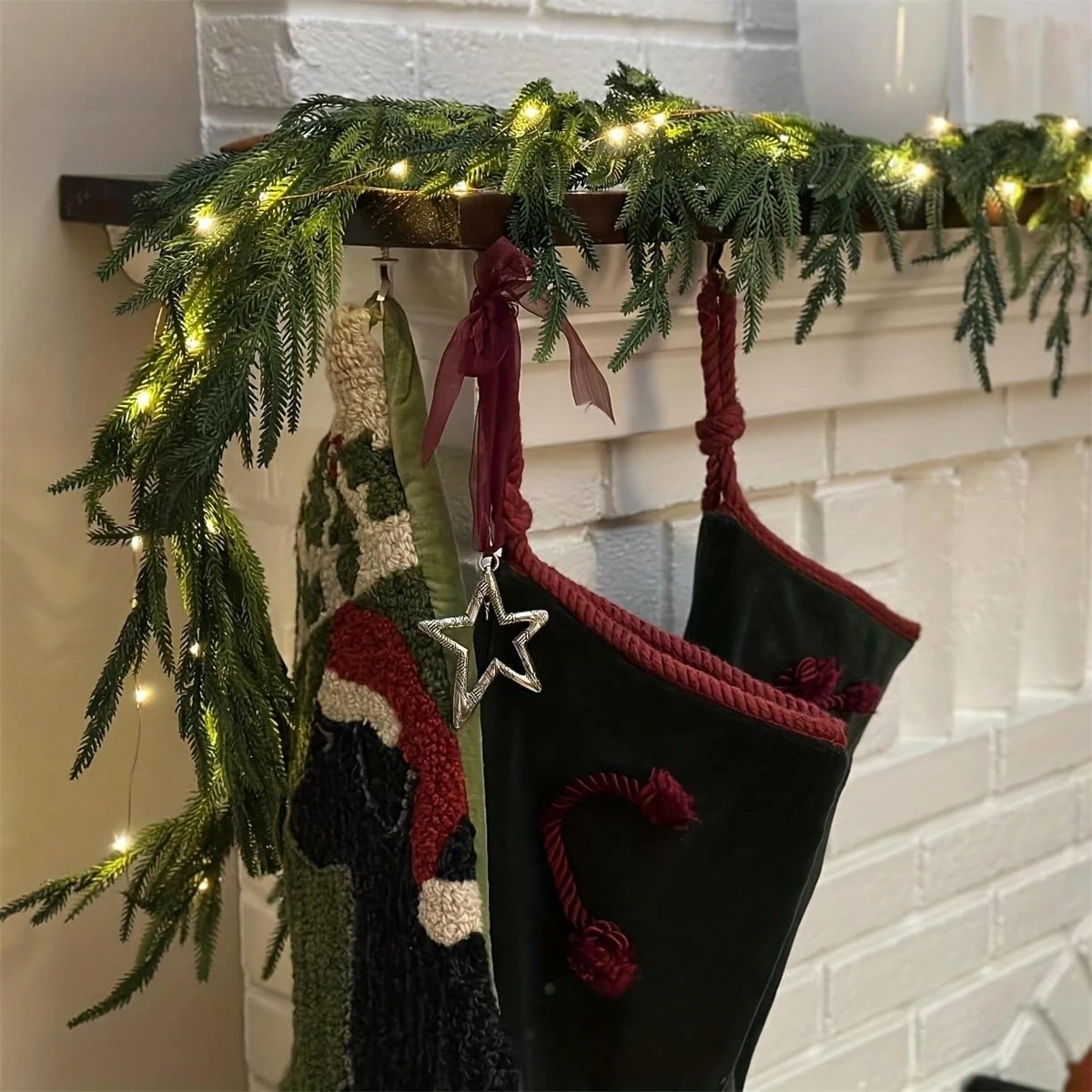 Christmas Norfolk Pine Garlands, Real Touch Fake Plants Artificial Greenery Garland for Table Wall Fireplace  Home Decoration