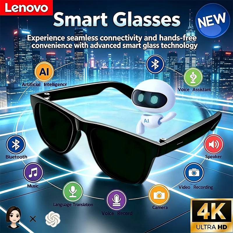 Lenovo AI Smart Polarized Sunglasses 4K Camera Recording Wireless Bluetooth Real‑time Translation Voice Assistant Outdoor Sports