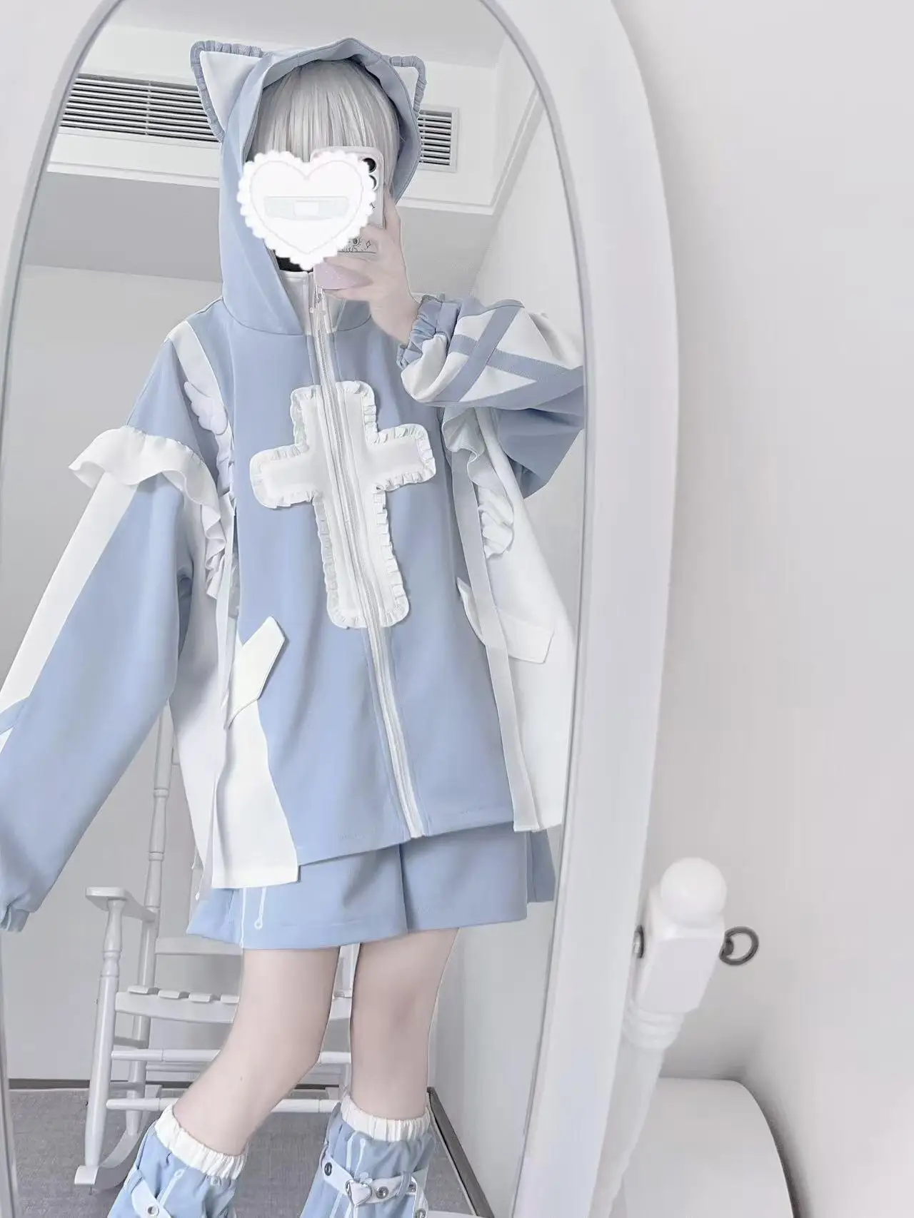 Subculture Y2K Japanese Loose Tops Outerwear Shorts Leg Warmers Women's 3Piece Set Sweet Kawaii Anime Blue White Daily Versatile