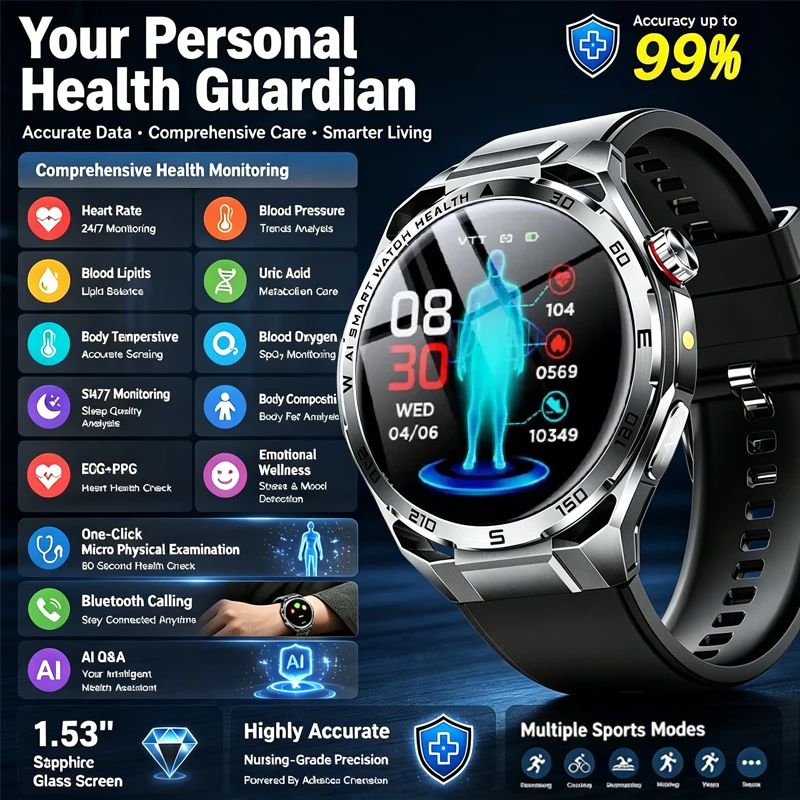 Nouvelle Montre Connectée ECG 2026 pour Hommes – Moniteur de Santé, Fréquence Cardiaque, Pression Artérielle, Suivi d'Activité Sportive, Étanche – Compatible Android et iOS