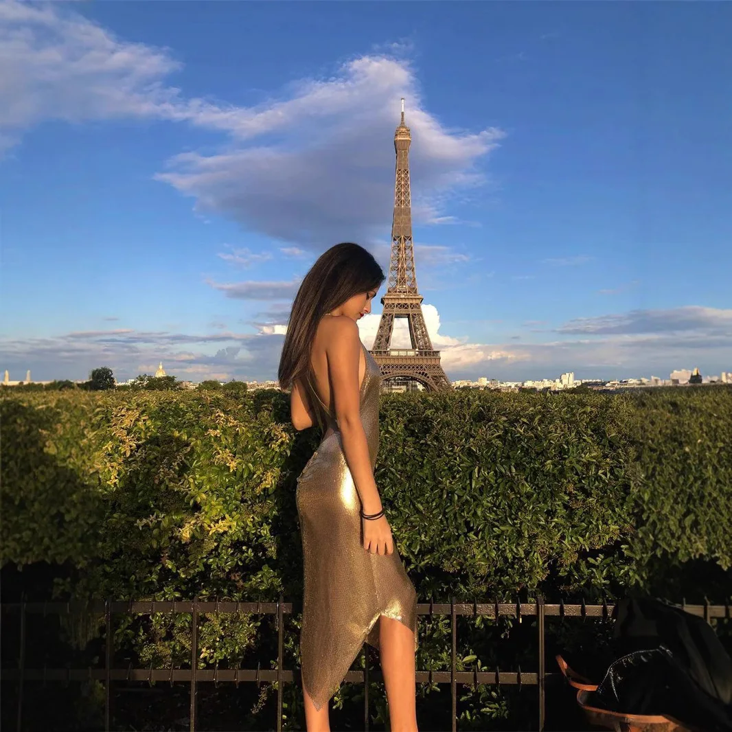 ストリートスレ メタルストラップ ロングドレス スパークリングスパンコール Vネック バルクラブウェア セクシーサマー シャイニーノースリーブドレス