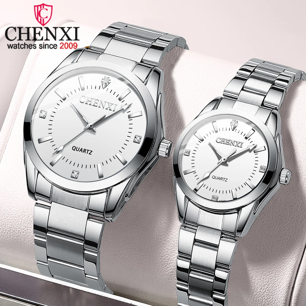 CHENXI Men Women Couple Quartz Watches Waterproof Casual Fashion Wear Stainless Steel Strap Square Dial Lover Gift for Couples