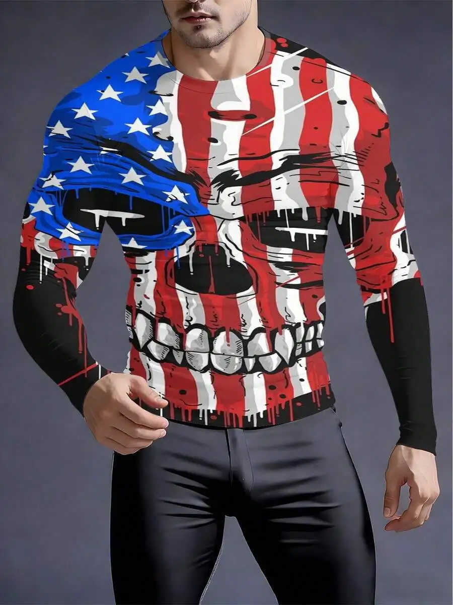 

3D Printed American Flag Skull Mens Crew Neck Long Sleeve Compression Shirt