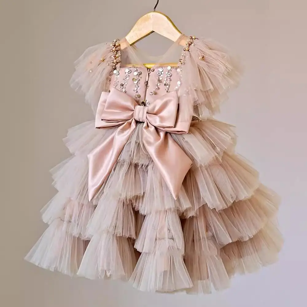 2025 new sequined layer suspender gorgeous fluffy mesh dresses Girls dress bow cute princess