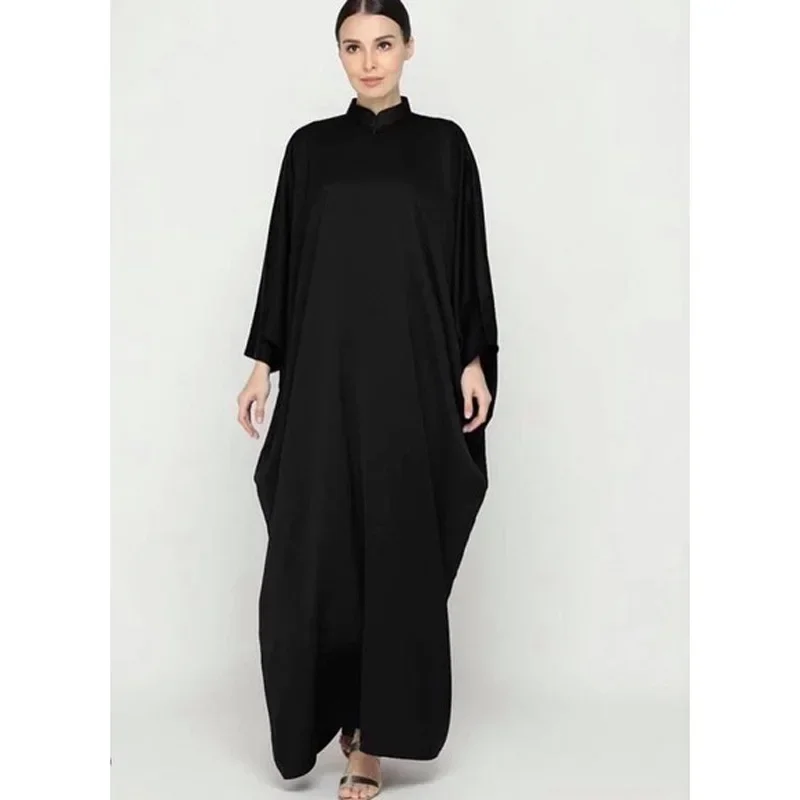 Woman Turkish Arabia Evening Dresses Solid Stand Collar Muslim Dress Bat Sleeve Middle East Dubai Abaya Loose Plus-size Robes