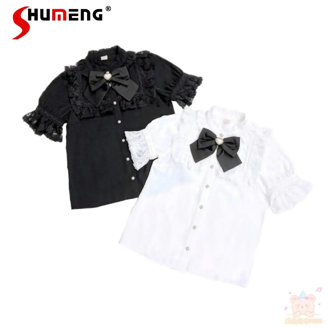 

Japanese Mines Style Mass-produced Lolita Blouses Lace Splicing Bow Sweet Versatile Short-sleeved Shirt Top Women Summer 2026