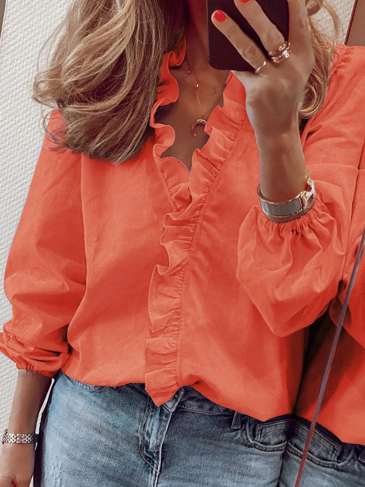 Casual Short Sleeve V Neck Ruffles Blouses Elegant Office Lady Shirts Summer Vintage Harajuku Loose Tops Female Boho Tunic