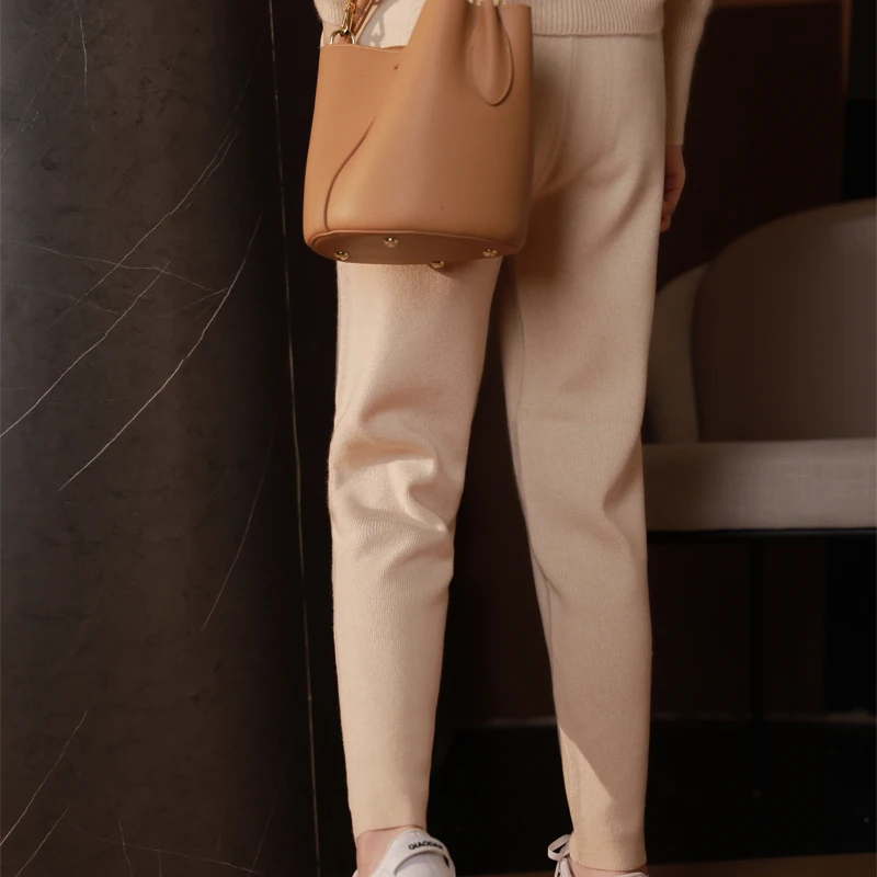 Women 100% Merino Wool Pencil Pants Autumn Winter Cashmere Knit High Waist Pants Simple Style Slimming Legs Trousers with Pocket