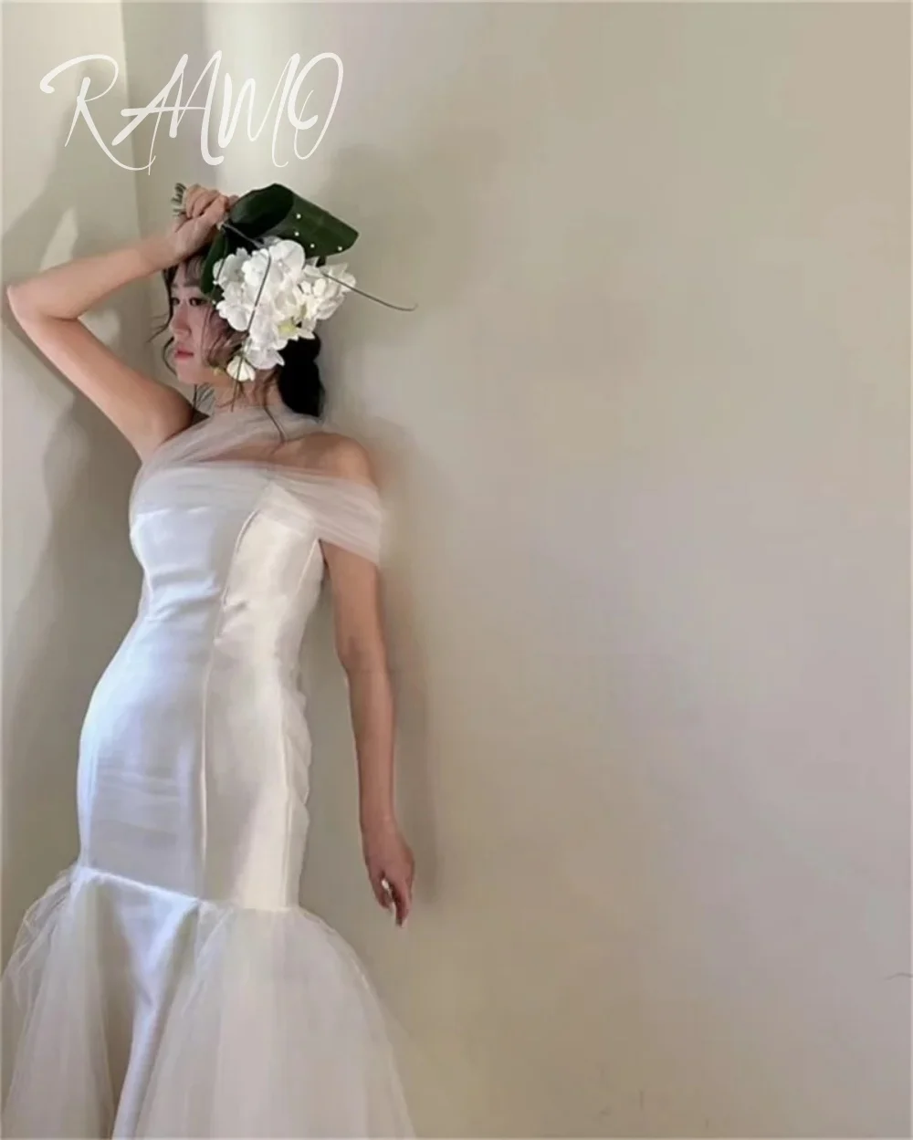 Ranmo Elegant Satin Mermaid Korea Wedding Dress Off Shoulder Cape Photos Shoot Bride Dress Customized Corset Long Bridal Gown