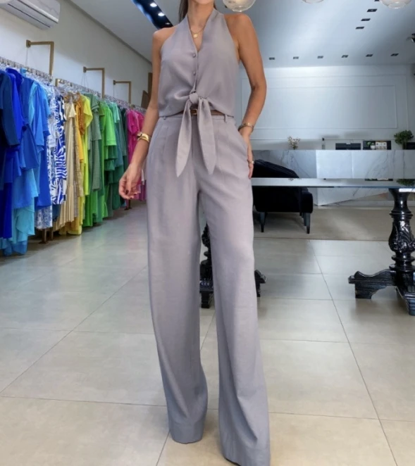 

Summer Fashion Elegant Commuting Two-piece Set for Women Casual Halter Tie Details Tank Top and High Waisted Wide Leg Pants Set