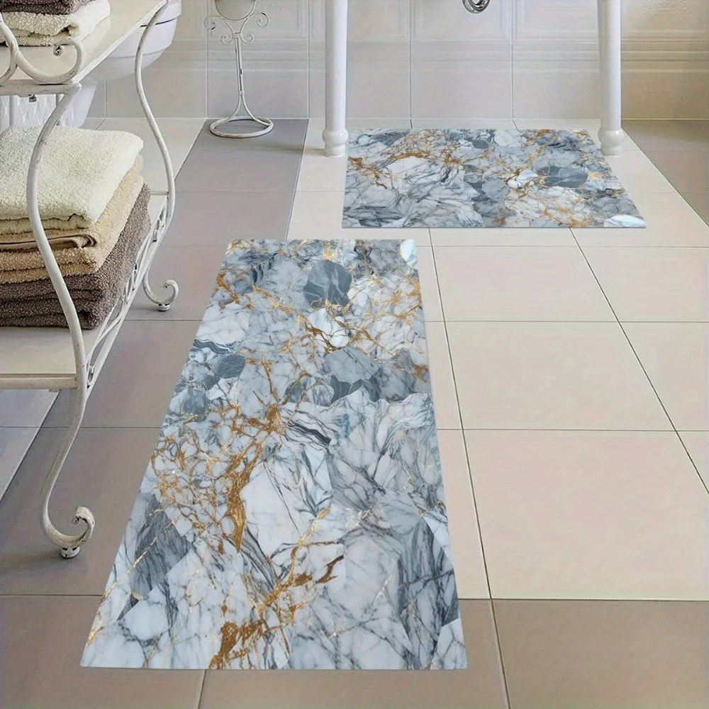 2pcs/ 3pcs/ Set Light Gray Gilded Marble Pattern Printed Bathroom Floor Mat Set, Home Decoration Area Carpet, Machine Washable