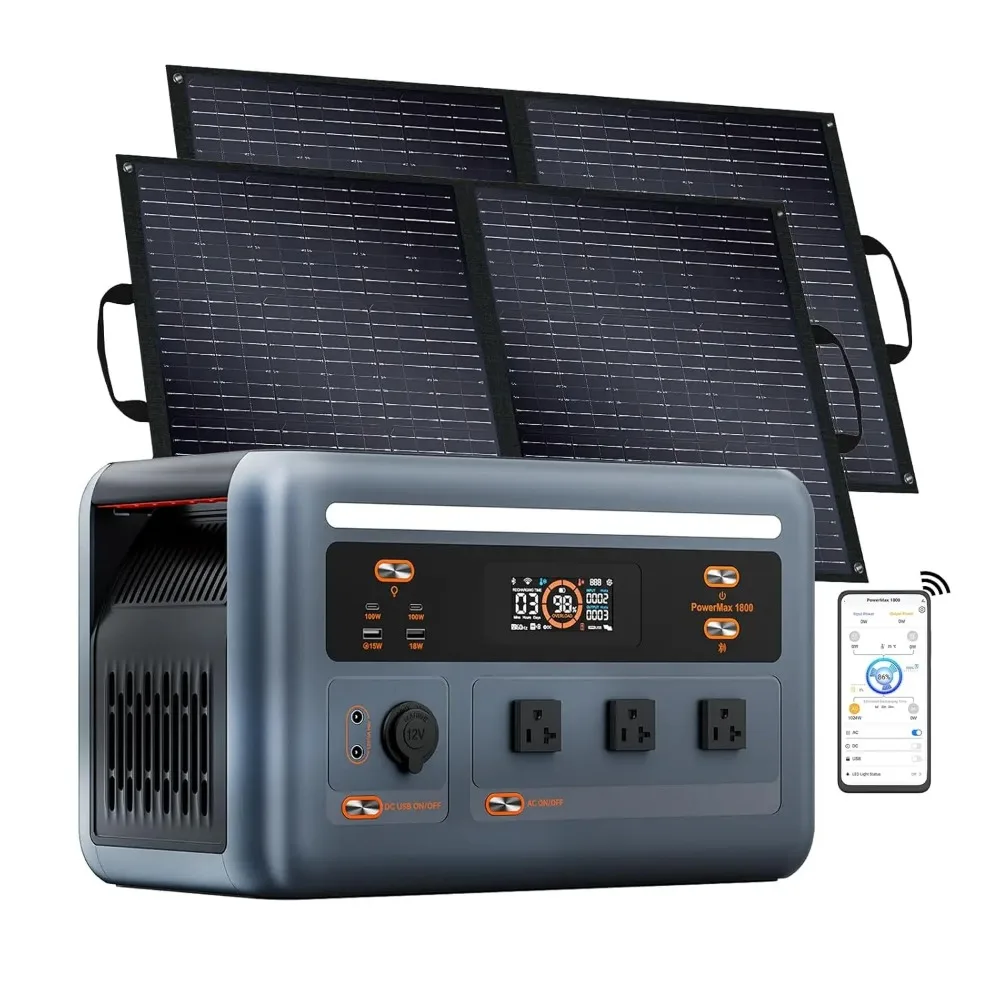 

1800W Solar Generator with 2x100W Solar Panel PowerMax 1800SE, 1024Wh LiFePO4 Battery Generator with 3 AC, Customized