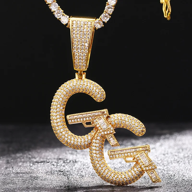 European and American new innovative ladder square diamond double GG pistol pendant slightly inlaid with zircon hip-hop trendy