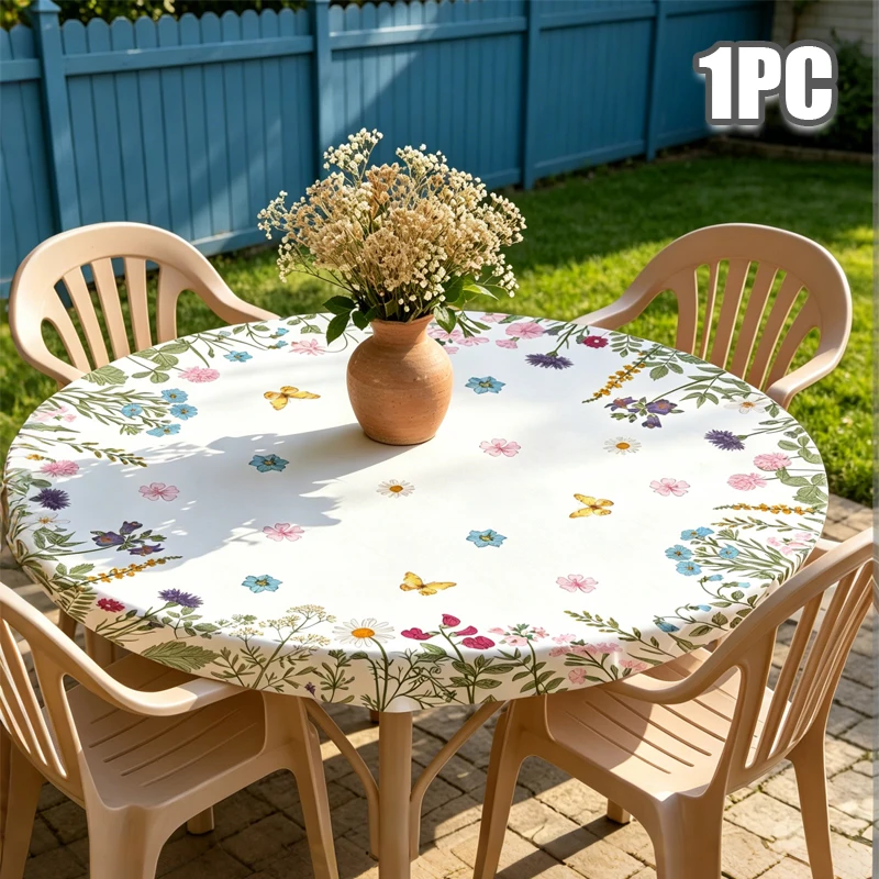 

Floral Print Elastic Fitted Round Tablecloth Scratch Resistant Non-Slip Table Cover for Indoor Dining & Outdoor Patio Garden
