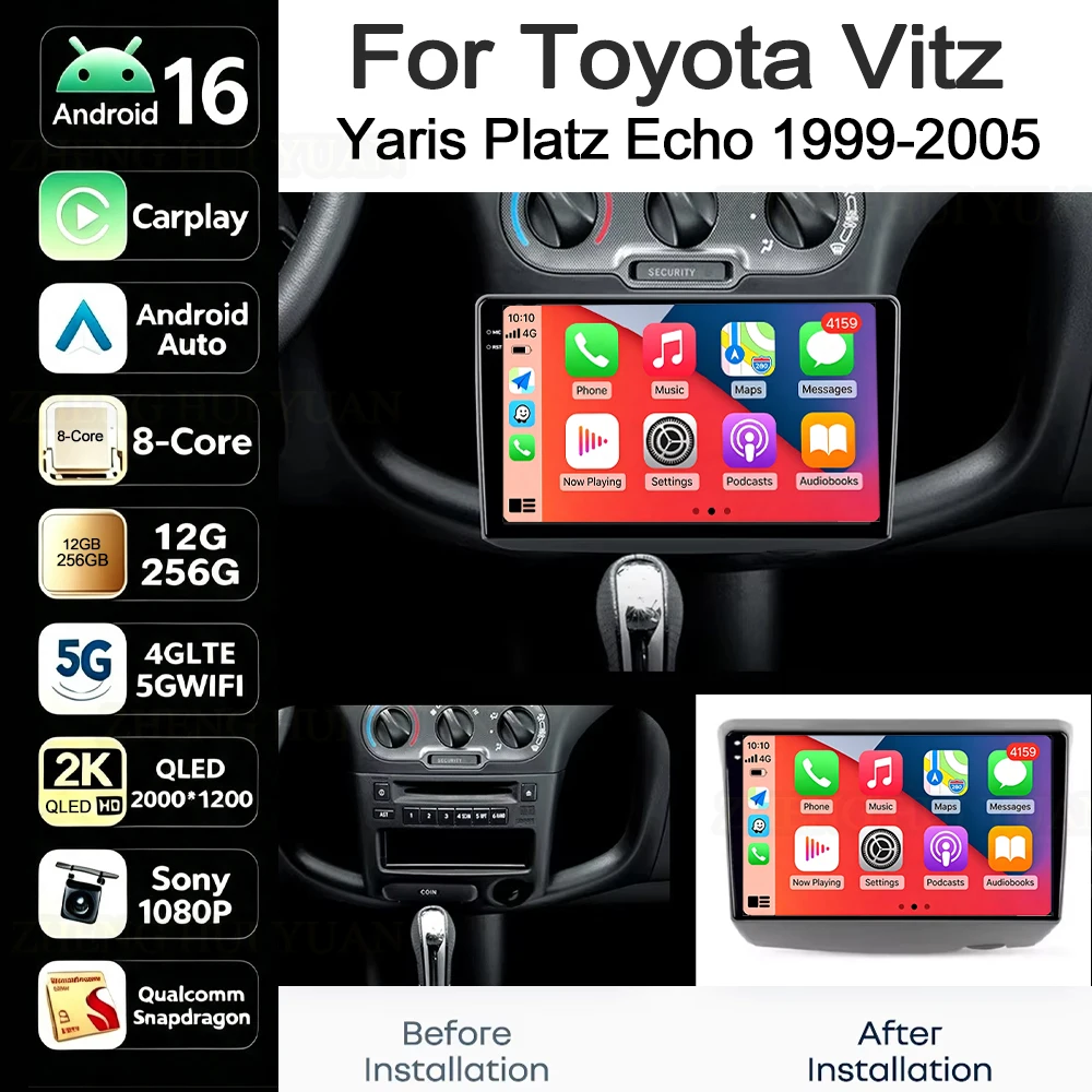 For Toyota Vitz XP10 Yaris Platz Echo 1999-2005 Android 16 Auto Carplay Car Radio GPS Navigation Multimedia Player Bluetooth DSP