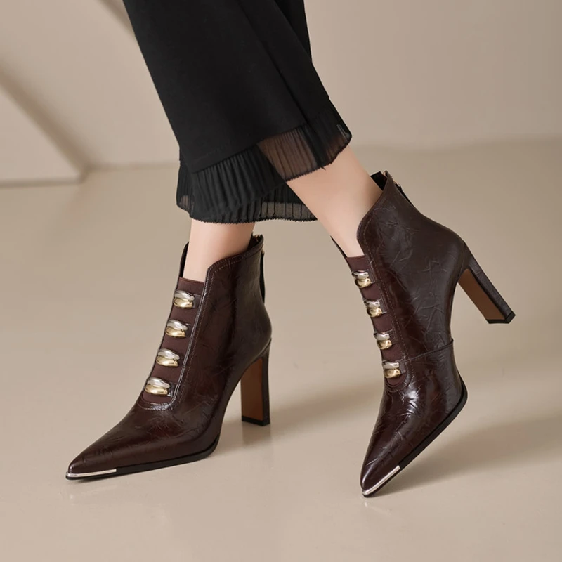 NEW Autumn Women Boots Split Leather Shoes for Women Pointed Toe Super High Heel Shoes Metal Buckle Zip Party Shoes Ankle Boots