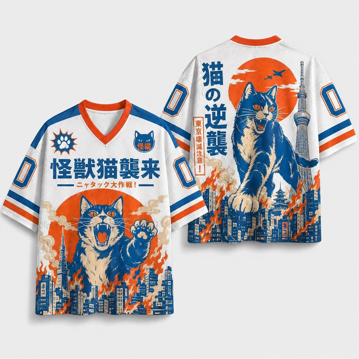Unisex Kaiju Cat Monster Jersey Tee Men Women Retro City Destroy Animal Print Short‑Sleeve Tops Y2K Urban Street‑Style Tees