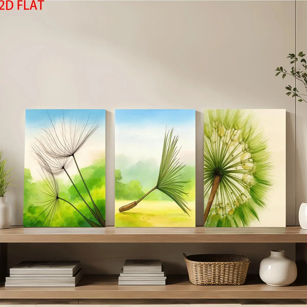 2D Flat 3pc Wood Frame Canvas Wall Art – Three canvas paintings depict dandelion stages against green and blue backgrounds pe