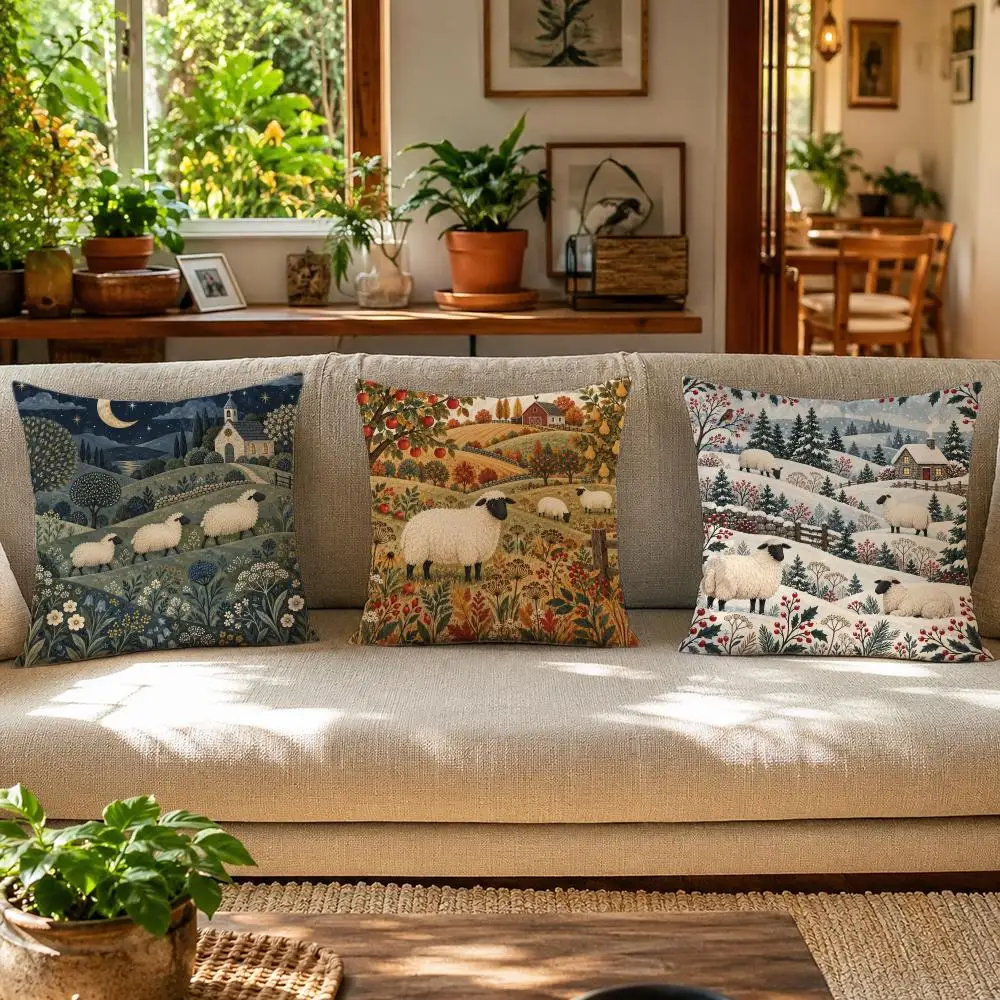 Farmhouse Black Face Sheep Cushion Cover Skin-Friendly Organic Linen Pillow Cover Durable Hypoallergenic Washable Soft