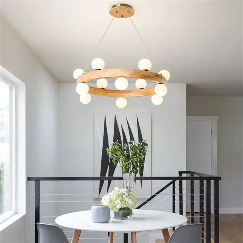 

Nordic circles chandelier personality walnut light wood milky white glass light Dining Room Bedroom restaurant loft light