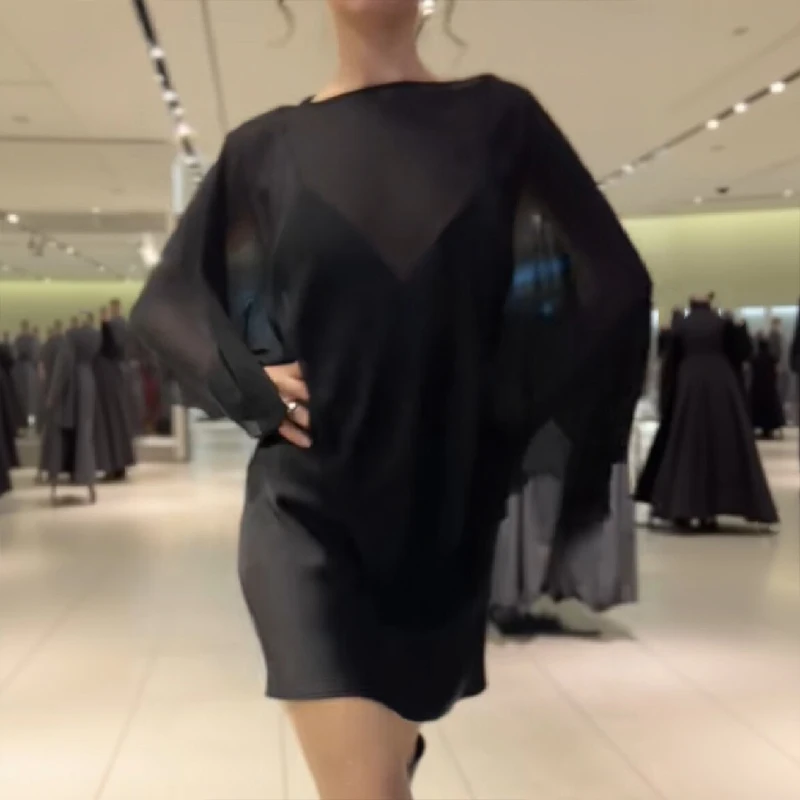 Elegant Satin Stacked Short Dress Women V Neck Adjustable Spaghetti Strap Spliting Sheer Smock 2025 NEW See Through Lady Dresses