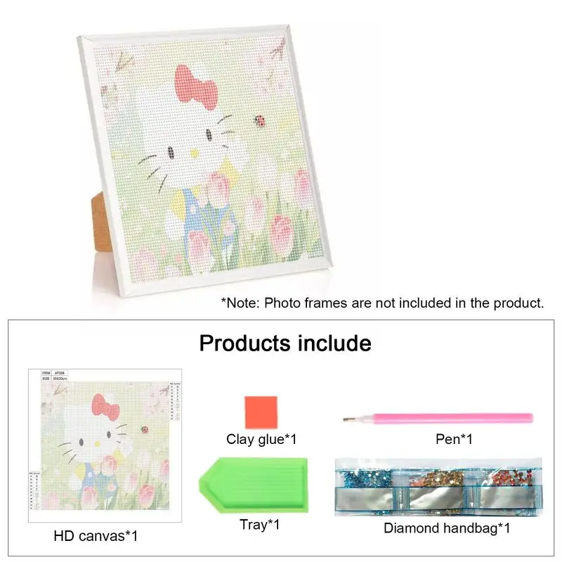 Kit di pittura diamante Hello Kitty carino da 1 pezzo, arte con strass 5D fai da te con trapano completo caratterizzato da giardino primaverile con tulipani in fiore, ciliegia