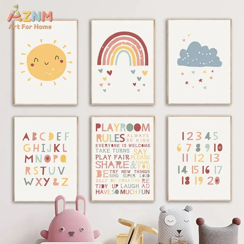 AZNM Frameless Canvas Poster Boho Kids Educational Print, Alphabet Number Rainbow Sun Cloud Playroom Rules Cartoon Wall Picture