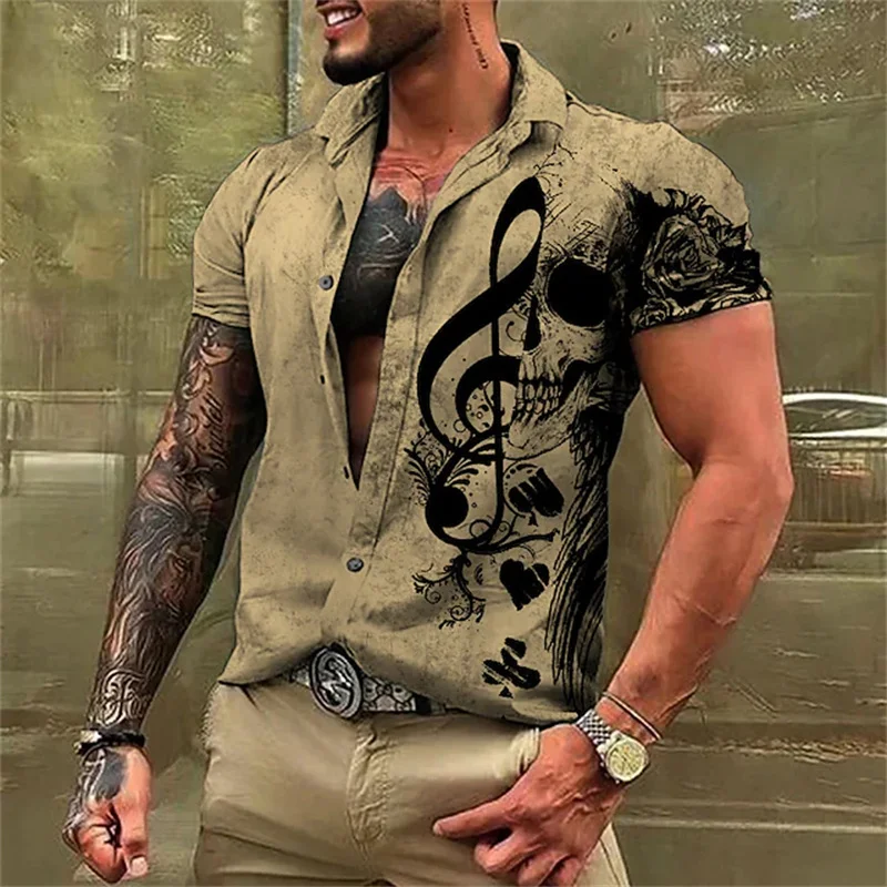 Nota musical crânio impressão 3d camisas de praia das mulheres dos homens moda casual vintage streetwear camisa de manga curta topos blusa homem roupas