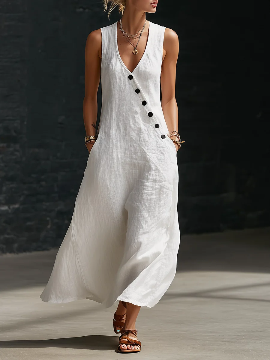 2026 Sommer Damen Baumwoll-Leinen A-Linien-Maxikleid mit V-Ausschnitt, ärmellos, asymmetrisch, Knopfleiste, Westenkleid, locker geschnitten, lässig, für den Urlaub am Strand – Detail 13