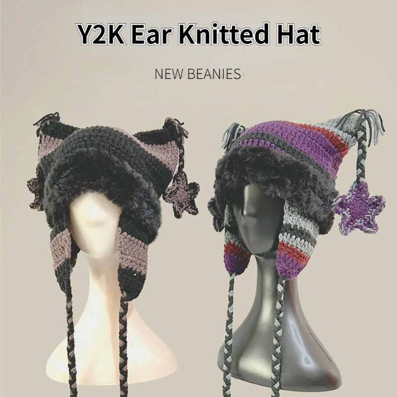 Japanese New Y2K Pentagram Lace Cat Ear Knitted Hats Girls Sweet Cute Hand-woven Winter Hat Women Korean Fashion Warm Beanies