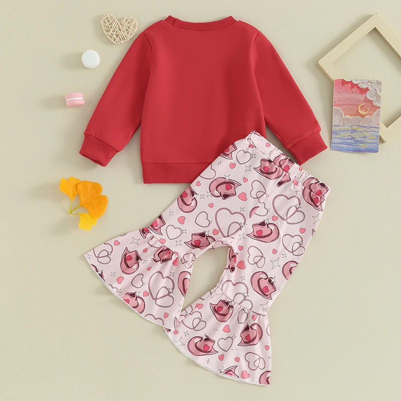 Adorable Toddler Girl Valentine s Day Outfit Heart Print Sweatshirt Top Flare Pants Set with Elastic Waistband