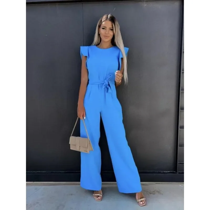 Women's Fashionable Autumn Commuting Jumpsuit Casual Sleeveless Jumpsuit Simple Round Neck Solid Color Belt Women's Jumpsuit