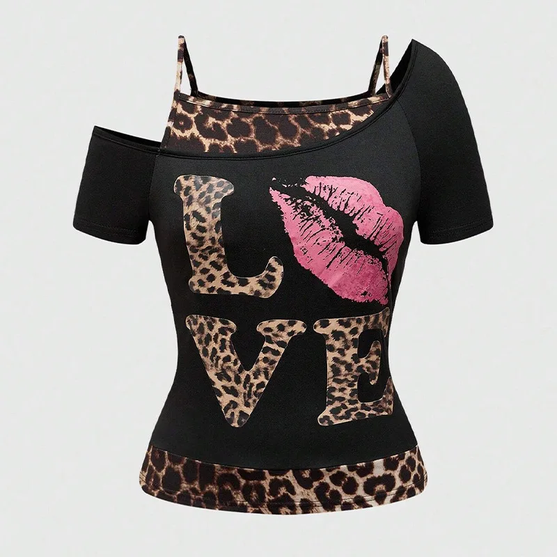 Neues Kurzarm-T-Shirt mit Leopardenmuster und personalisiertem Aufdruck für Damen, Street-Fashion, schulterfreier Pullover, kurzes lässiges Oberteil