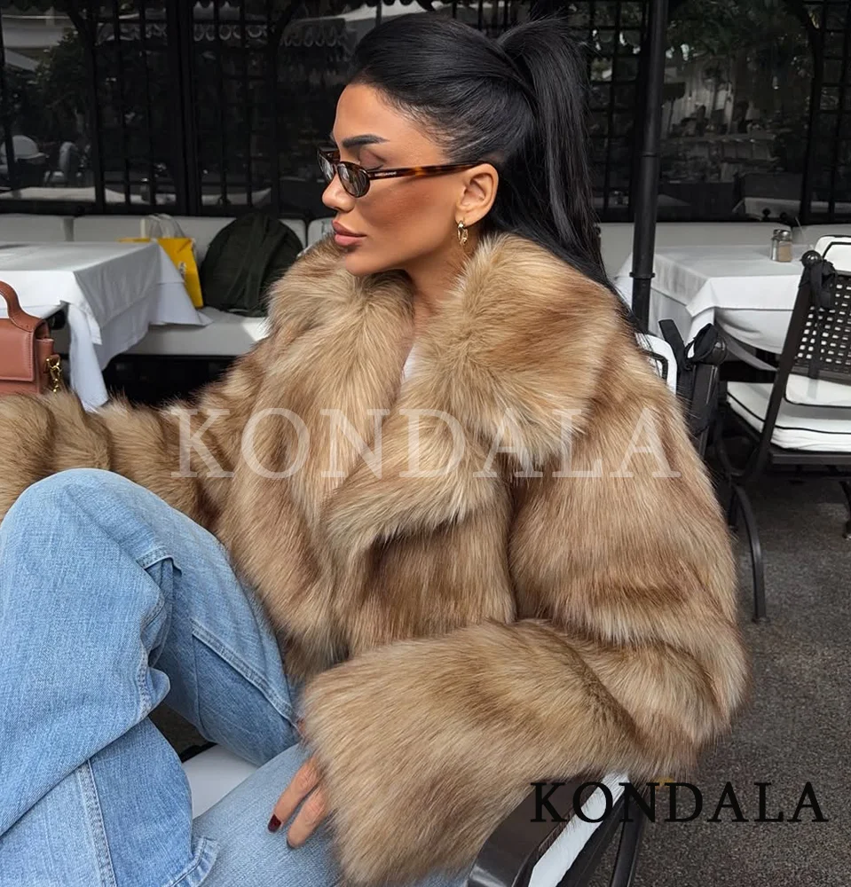 Kondala outono inverno jaqueta de pele streetwear lapela pele do falso casaco curto 2025 moda alta rua elegante chique jaqueta feminina
