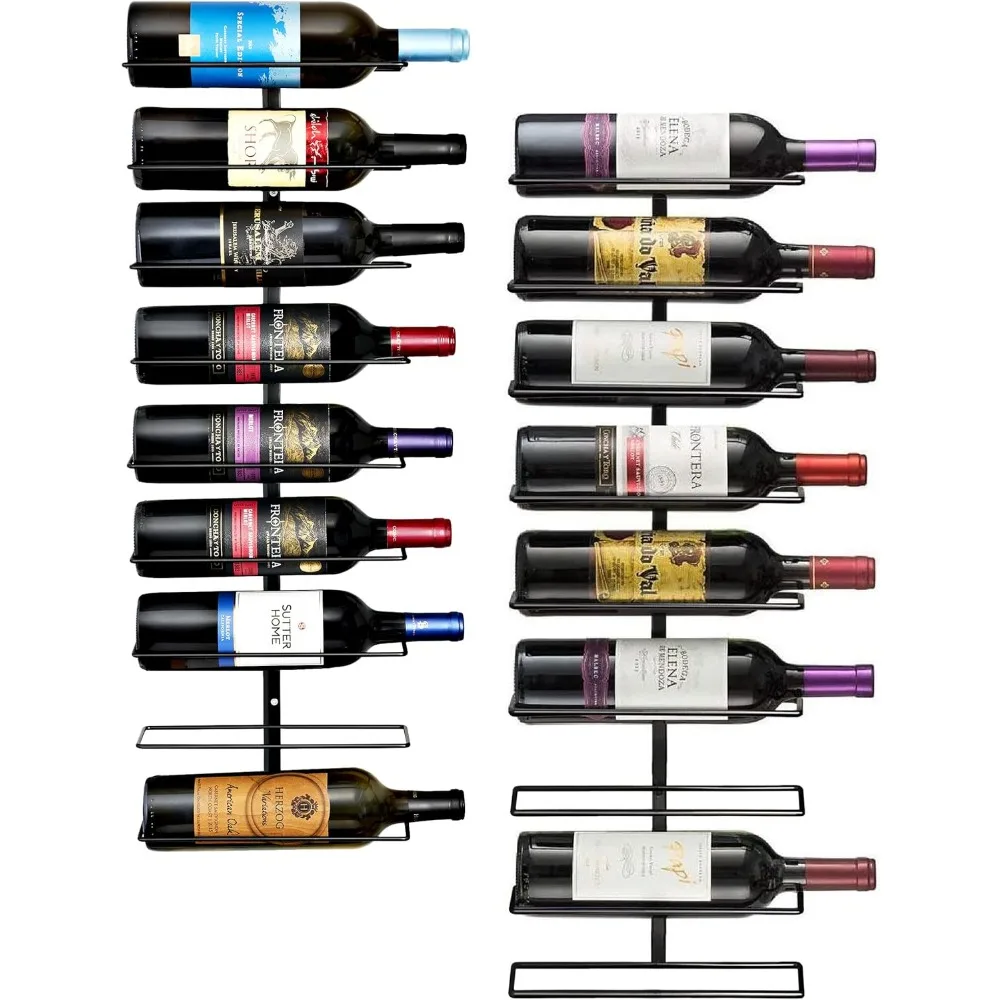 Wall-Mounted Wine Rack Set of 2, Holds 9 Bottles Each, Black Metal for Home Bar or Kitchen