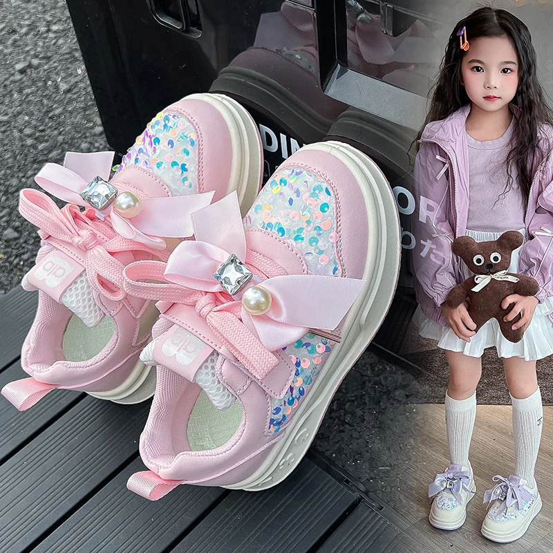 2026 Spring New Girls Leather Shoes Cute Bow Design Kids Outdoor Tennis Sneakers Soft Sole Fashion Sequins Children Sports Shoes