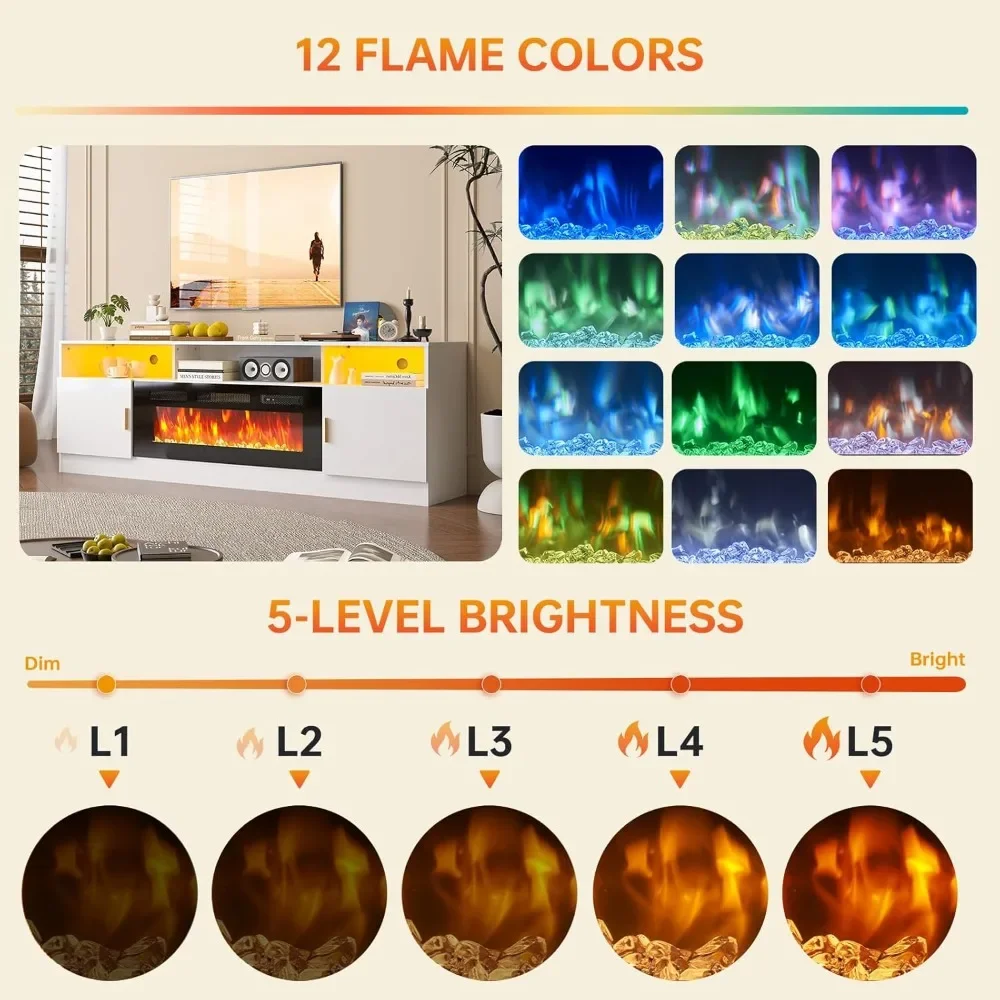 Suporte de TV com lareira elétrica de 70 "com lareira elétrica de 36 polegadas com capacidade de TV de até 80 polegadas Luzes LED e armazenamento de entretenimento C