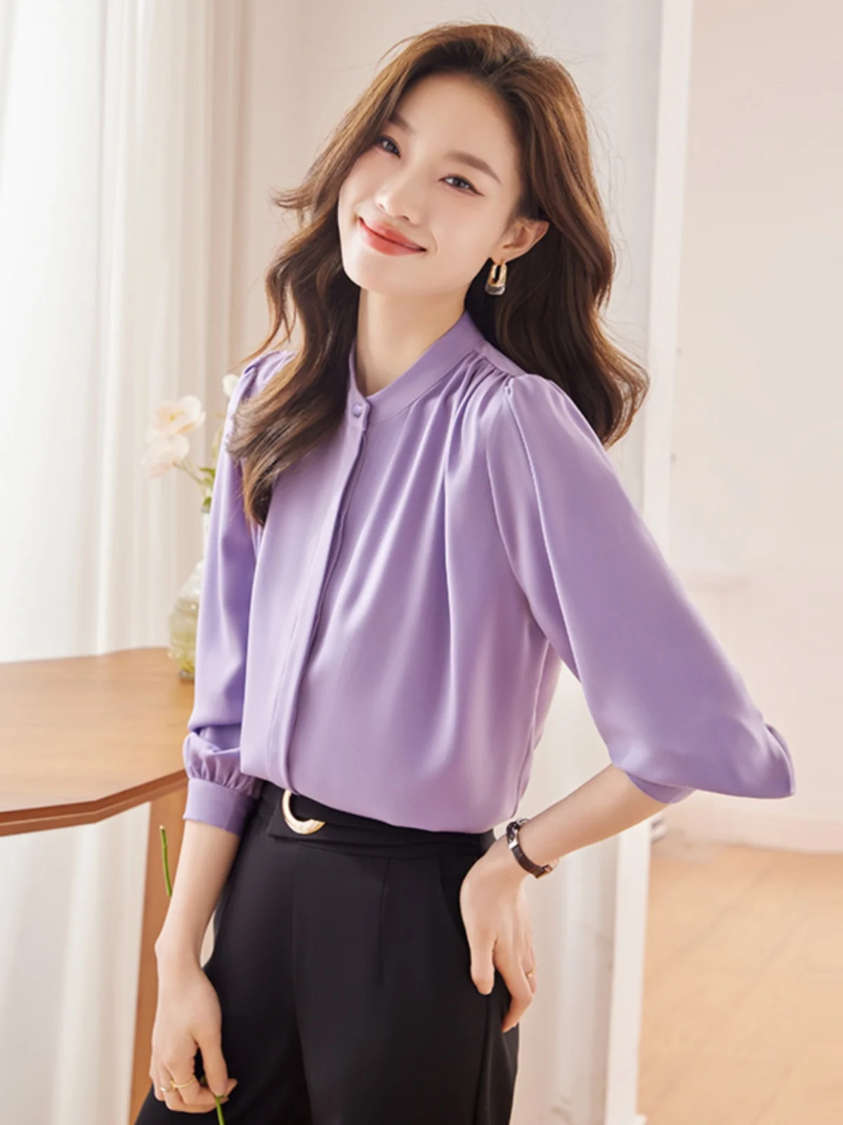 

Elegant Purple Silk Long Sleeve Shirt Women's Simple Dry Pure Color Versatile Long Shirt Top Commute Style Button Detail