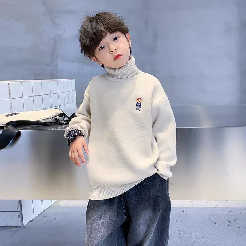 【High-neck Embroidered Kids Sweater】Thickened Fleece-lined Pullover, Full-body Knitwear for Boys Girls, Warm Winter Base Layer