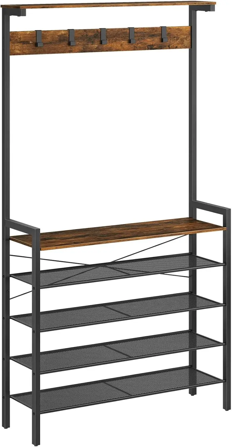 

Industrial Hall Tree with Bench, Coat Rack and Shoe Storage for Entryway, Mudroom - Rustic Brown, 5-Tier for 12-16 Pairs