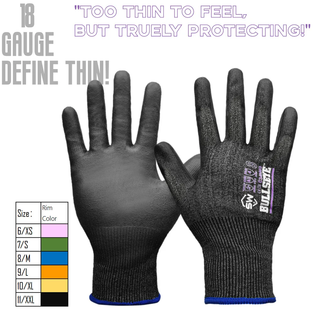 BullsEye 18gauge Ultra Lightweight Cut Resistance ANSI 3 Work Safety Gloves, Thin PU Palm Coated, Precision Work, Abrasion, Grip