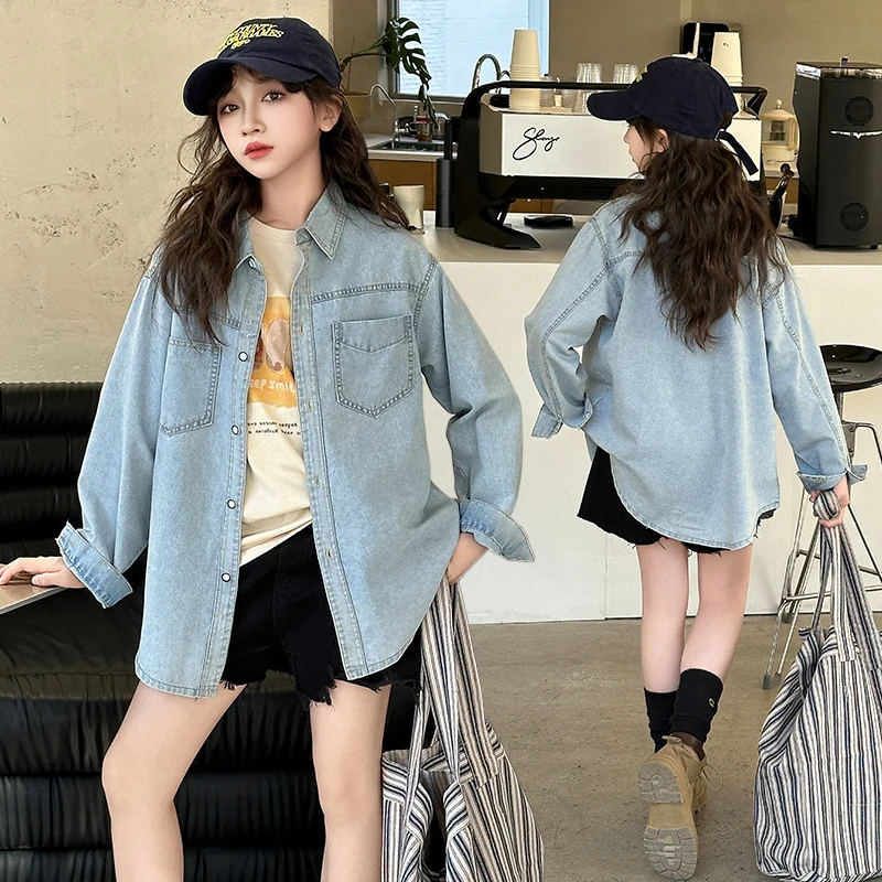 

Brief Solid Color Children Long Sleeve Denim Shirt for Tweens Girl Long Loose Style Denim Blouse Kids School Wear Autumn Clothes