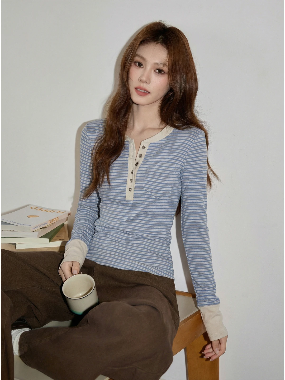 

Blue Striped Long Sve T-irt Women's Spring New Design Splicing Slimming Inner Wear Top Korean Sle Breathable Skin-Frie...