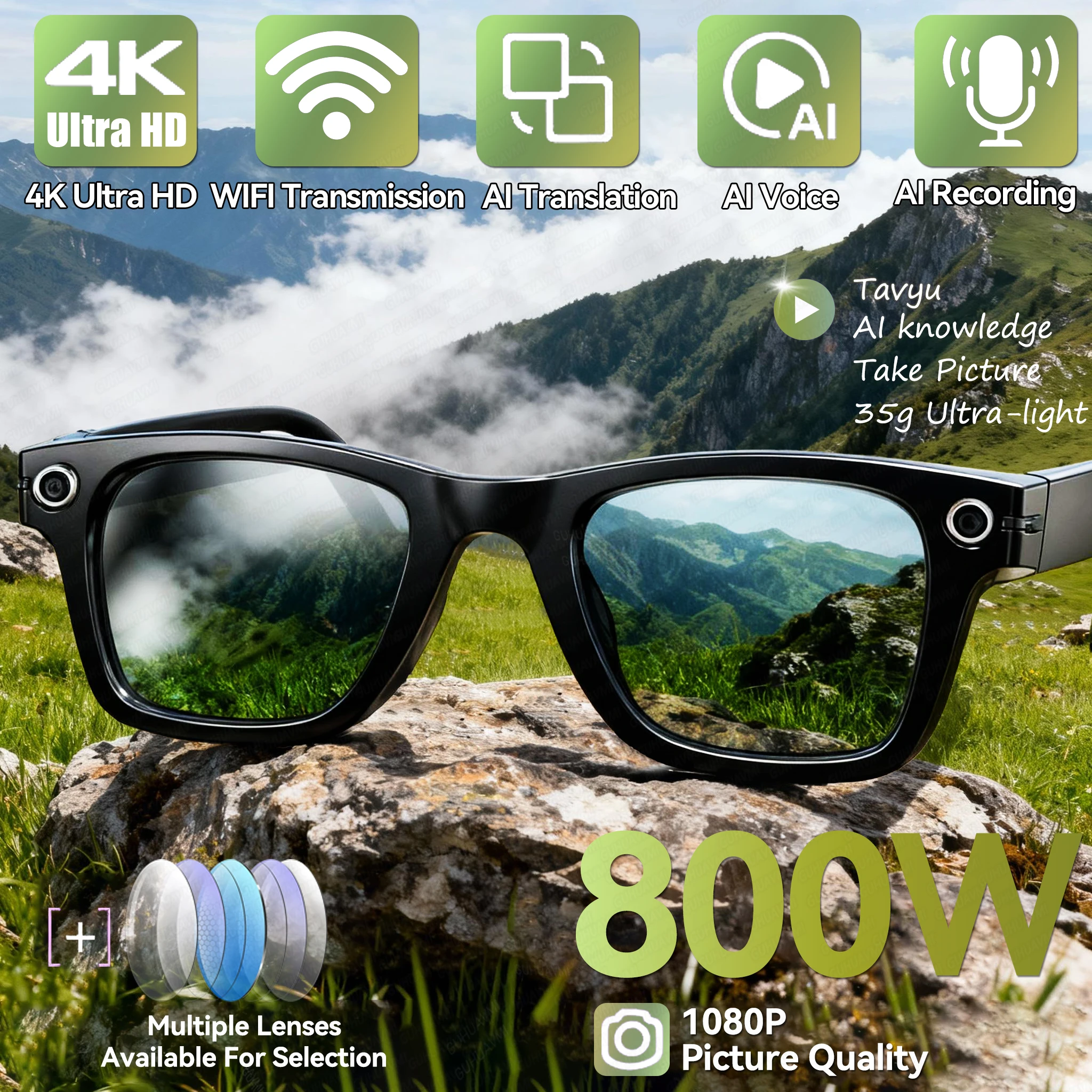 

2025 Smart Glasses 8MP Camera 1080P Picture Quality Video Recording Translation Sunglasses Bluetooth Call Music Play Men Women