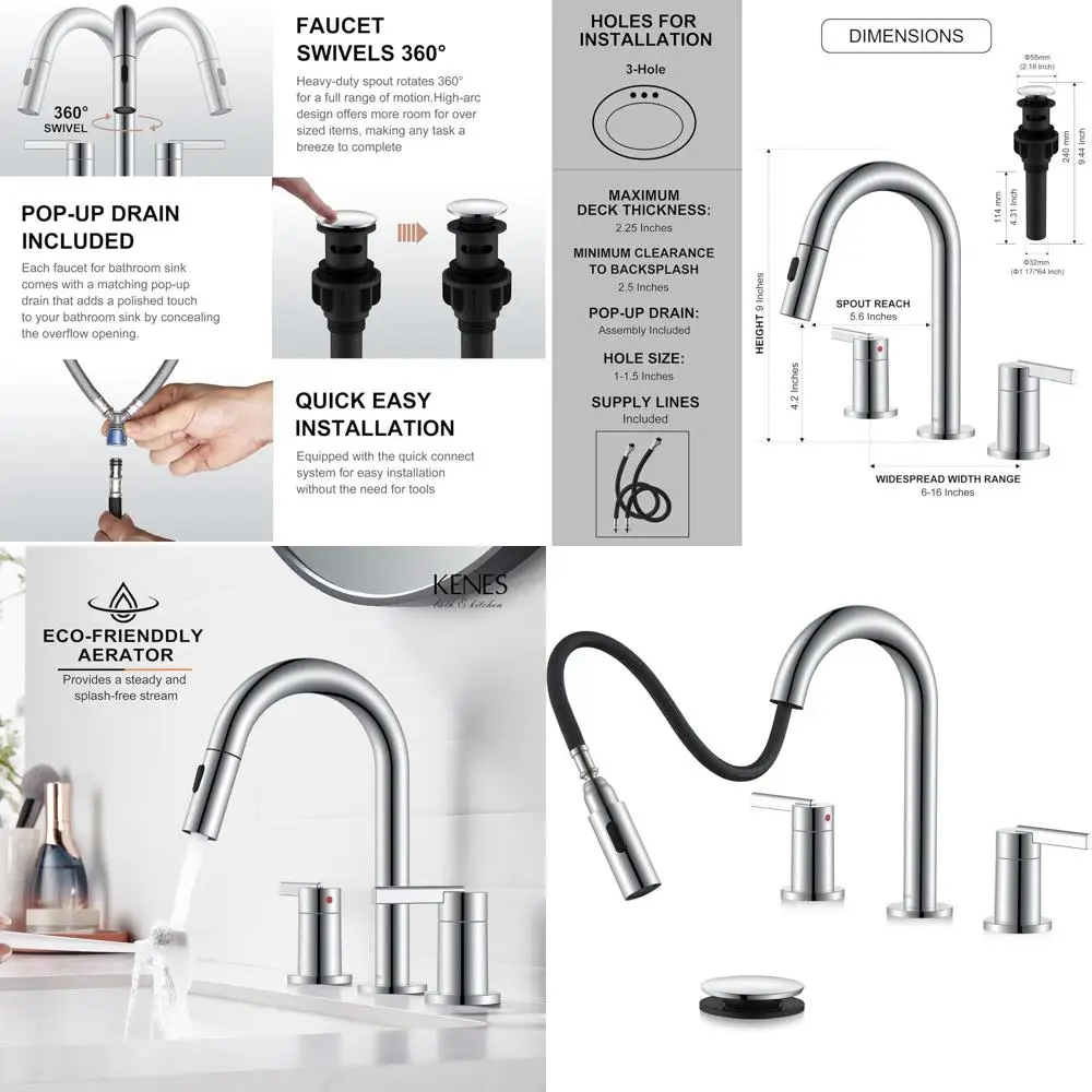 

8 Inch 2-Handle Widespread Bathroom Faucet with Pull-Down Sprayer and Pop-Up Drain, Includes Supply Lines