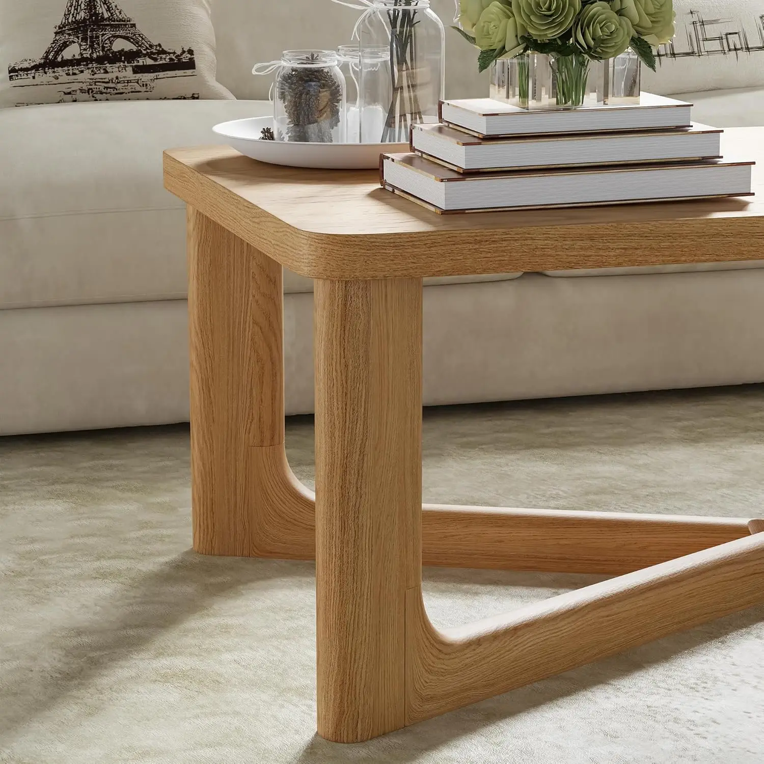 Mesa de centro de granja moderna de madera natural de 50 ", mesa rectangular de madera maciza con patas cruzadas resistentes, fácil montaje para sala de estar